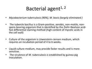 Bacterial agent1, 2
• Mycobacterium tuberculosis (90%), M. bovis (largely eliminated )
• The tubercle bacillus is a Gram-positive, aerobic, non-motile, non-
spore-bearing organism that is identified by the Ziehl–Neelson acid-
fast differential staining method (high content of mycolic acids in
the cell wall)
• Culture of the organism is Löwenstein–Jensen medium, which
requires an incubation period of 4 to 6 weeks.
• Liquid culture medium, may provide faster results and is more
sensitive.
• The virulence of M. tuberculosis is established by guinea-pig
inoculation.
 