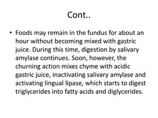 Cont..
• Foods may remain in the fundus for about an
hour without becoming mixed with gastric
juice. During this time, digestion by salivary
amylase continues. Soon, however, the
churning action mixes chyme with acidic
gastric juice, inactivating salivary amylase and
activating lingual lipase, which starts to digest
triglycerides into fatty acids and diglycerides.
 