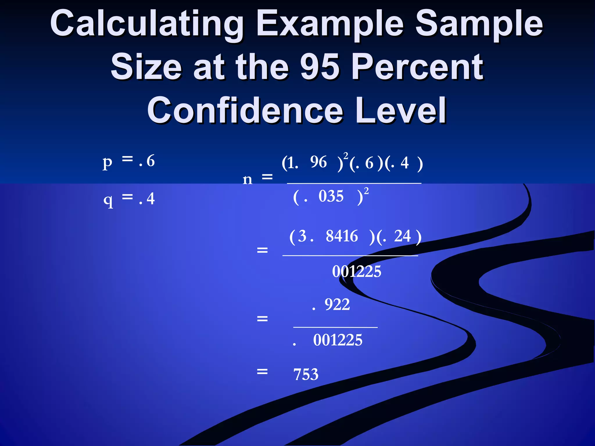 753=
001225.
922.
=
001225
)24)(.8416.3(
=
)035( .
)4)(.6(.)961.(
n
4.q
6.p
2
2
=
=
=
Calculating Example SampleCalculating Example Sample
Size at the 95 PercentSize at the 95 Percent
Confidence LevelConfidence Level
 
