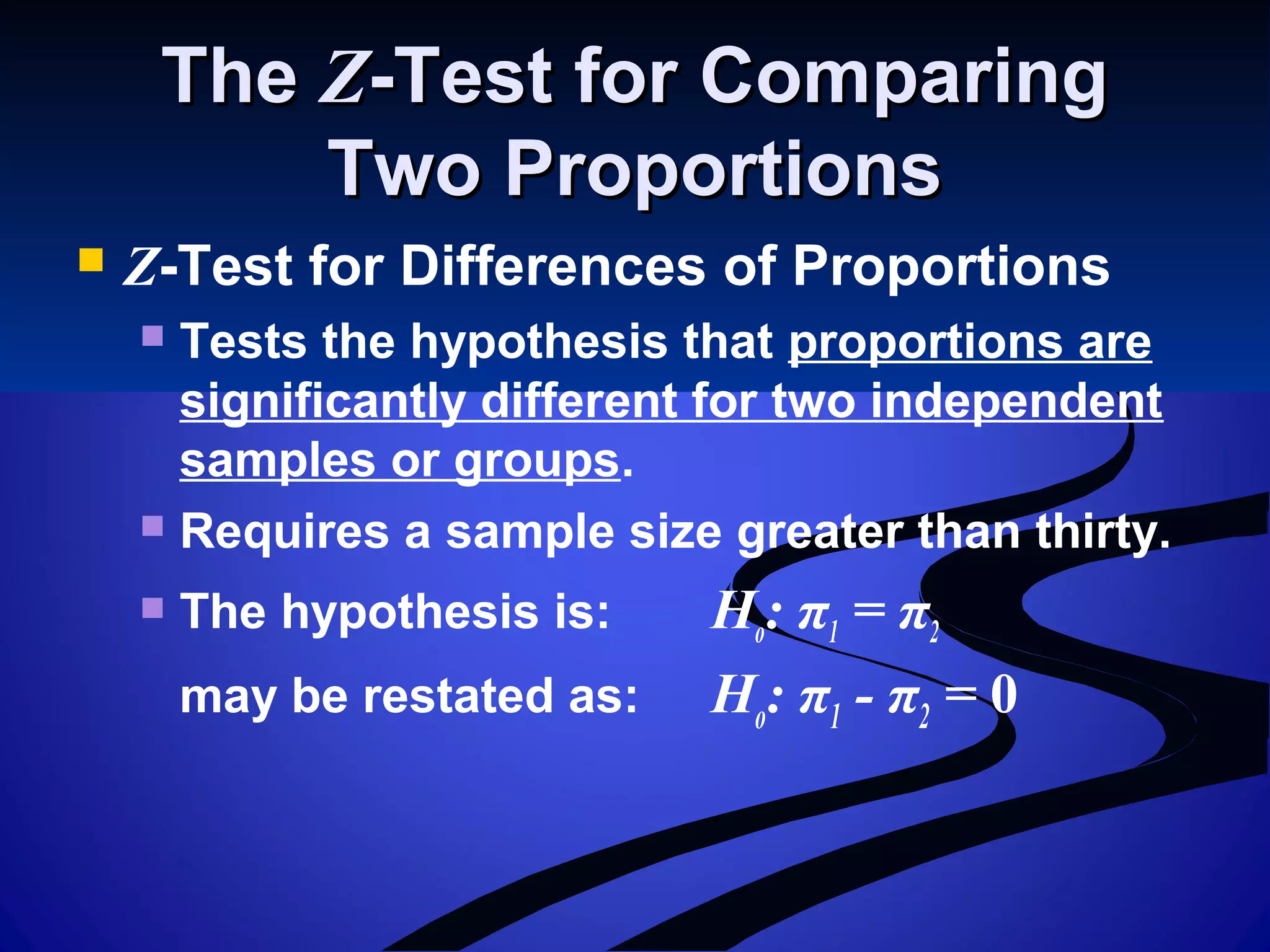 TheThe ZZ-Test for Comparing-Test for Comparing
Two ProportionsTwo Proportions
 Z-Test for Differences of Proportions
 Tests the hypothesis that proportions are
significantly different for two independent
samples or groups.
 Requires a sample size greater than thirty.
 The hypothesis is: Ho: π1 = π2
may be restated as: Ho: π1 - π2 = 0
 