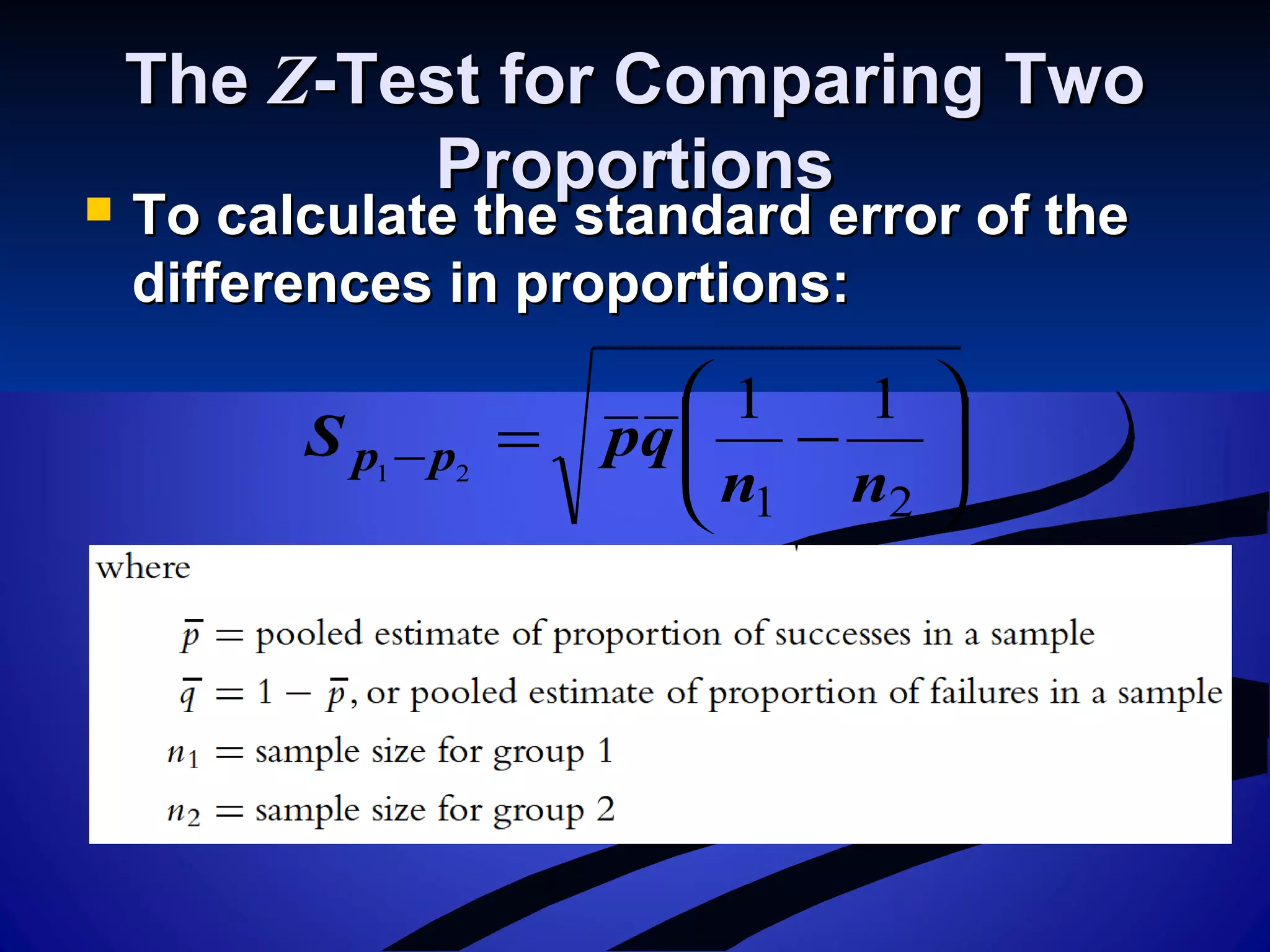 TheThe ZZ-Test for Comparing Two-Test for Comparing Two
ProportionsProportions
 To calculate the standard error of theTo calculate the standard error of the
differences in proportions:differences in proportions:






−=−
21
11
21
nn
qpS pp
 