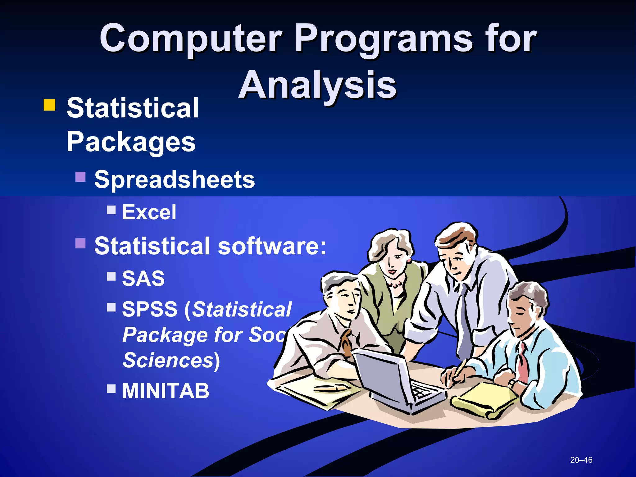 20–46
Computer Programs forComputer Programs for
AnalysisAnalysis Statistical
Packages
 Spreadsheets
 Excel
 Statistical software:
 SAS
 SPSS (Statistical
Package for Social
Sciences)
 MINITAB
 