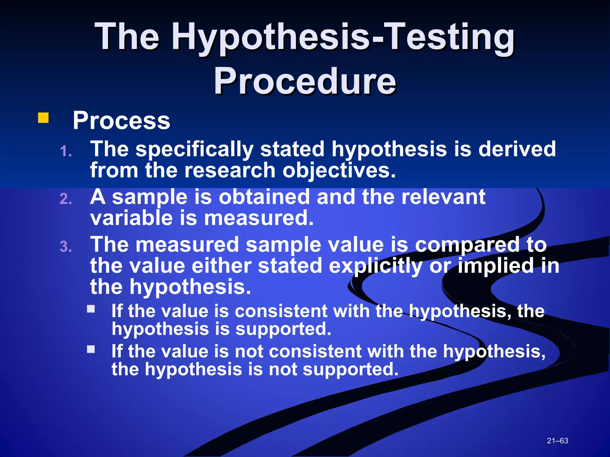 21–63
The Hypothesis-TestingThe Hypothesis-Testing
ProcedureProcedure
 Process
1. The specifically stated hypothesis is derived
from the research objectives.
2. A sample is obtained and the relevant
variable is measured.
3. The measured sample value is compared to
the value either stated explicitly or implied in
the hypothesis.
 If the value is consistent with the hypothesis, the
hypothesis is supported.
 If the value is not consistent with the hypothesis,
the hypothesis is not supported.
 