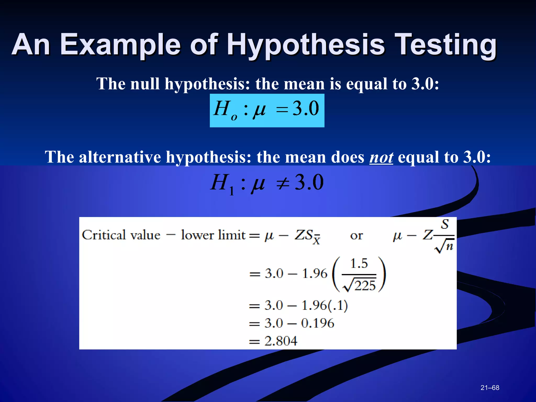 21–68
An Example of Hypothesis TestingAn Example of Hypothesis Testing
The null hypothesis: the mean is equal to 3.0:
The alternative hypothesis: the mean does not equal to 3.0:
 