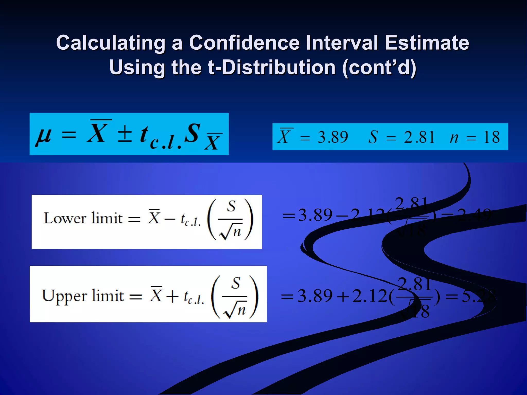 Calculating a Confidence Interval EstimateCalculating a Confidence Interval Estimate
Using the t-Distribution (cont’d)Using the t-Distribution (cont’d)
28.5)
18
81.2
(12.289.3 =+=
49.2)
18
81.2
(12.289.3 =−=
 