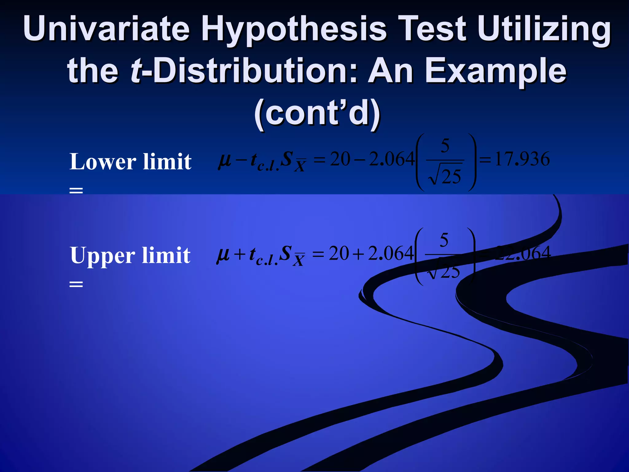 Univariate Hypothesis Test UtilizingUnivariate Hypothesis Test Utilizing
thethe tt-Distribution: An Example-Distribution: An Example
(cont’d)(cont’d)
93617
25
5
064220 .... =





−=− Xlc StµLower limit
=
06422
25
5
064220 .... =





+=+ Xlc StµUpper limit
=
 