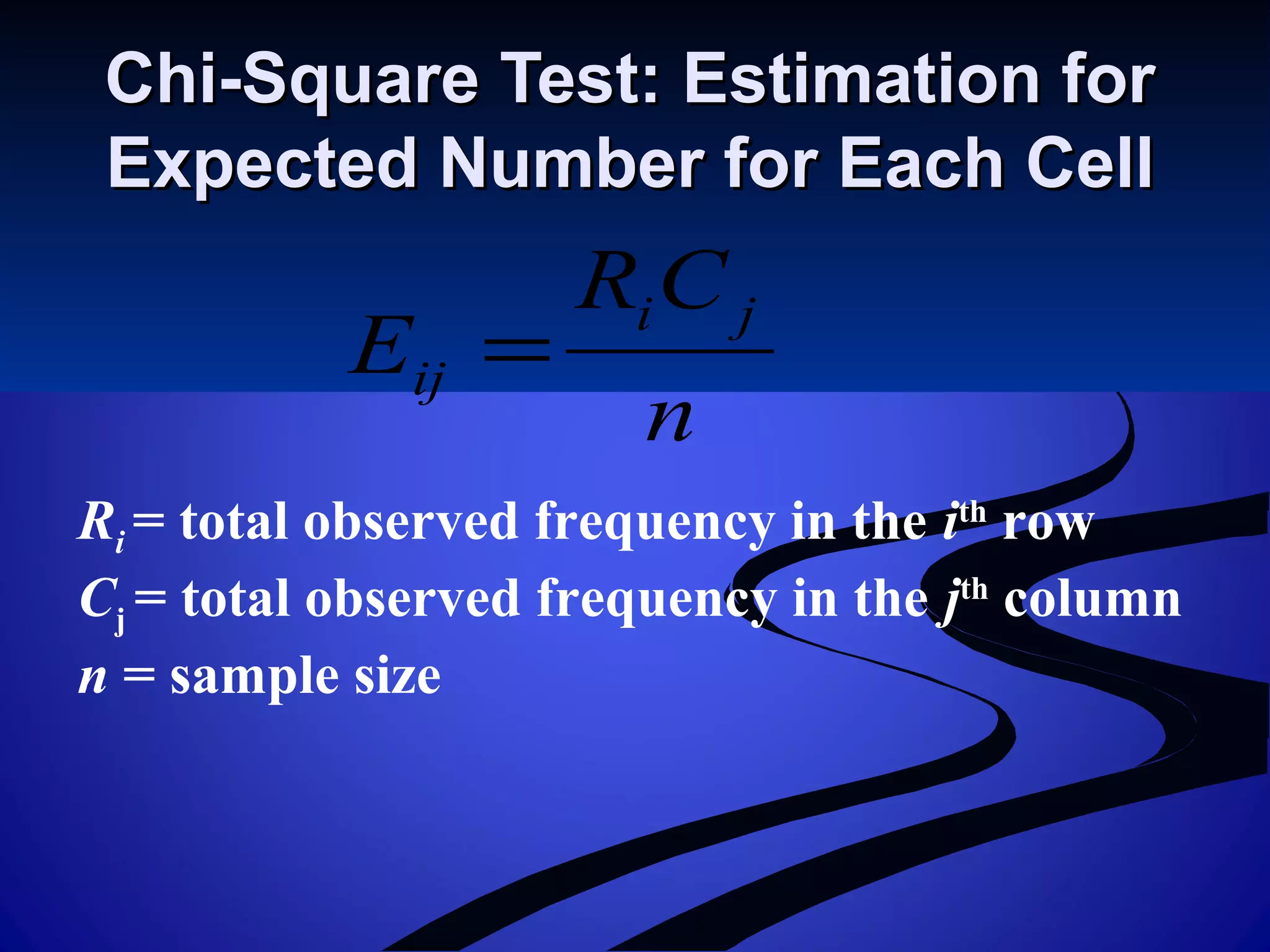 n
CR
E
ji
ij =
Chi-Square Test: Estimation forChi-Square Test: Estimation for
Expected Number for Each CellExpected Number for Each Cell
Ri = total observed frequency in the ith
row
Cj = total observed frequency in the jth
column
n = sample size
 