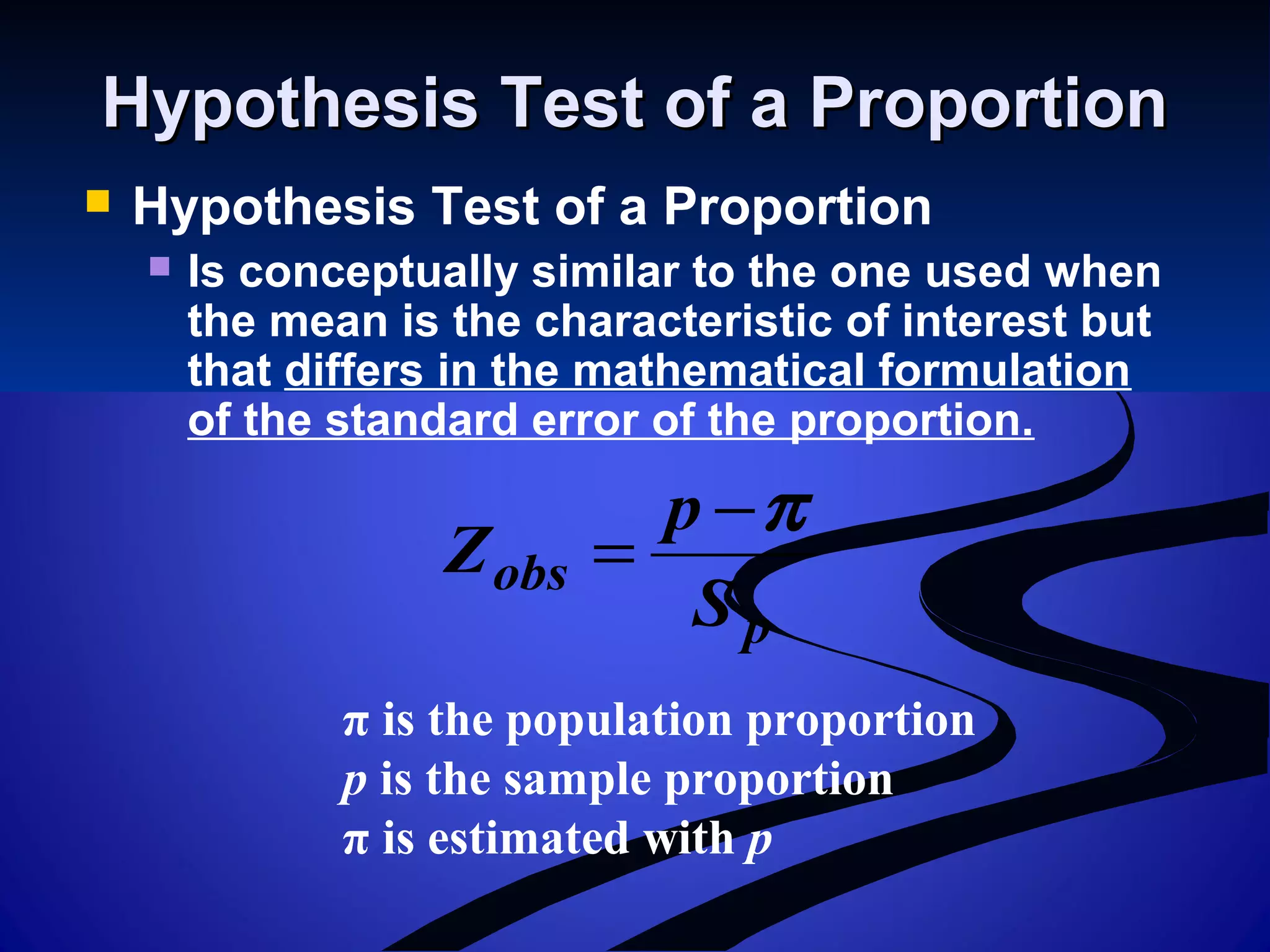 Hypothesis Test of a ProportionHypothesis Test of a Proportion
 Hypothesis Test of a Proportion
 Is conceptually similar to the one used when
the mean is the characteristic of interest but
that differs in the mathematical formulation
of the standard error of the proportion.
p
obs
S
p
Z
π−
=
π is the population proportion
p is the sample proportion
π is estimated with p
 