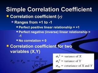 Simple Correlation CoefficientSimple Correlation Coefficient
 Correlation coefficient (r)
 Ranges from +1 to -1
 Perfect positive linear relationship = +1
 Perfect negative (inverse) linear relationship =
-1
 No correlation = 0
 Correlation coefficient for two
variables (X,Y)
 