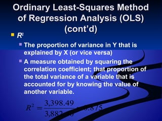 Ordinary Least-Squares MethodOrdinary Least-Squares Method
of Regression Analysis (OLS)of Regression Analysis (OLS)
(cont’d)(cont’d)
 R2
 The proportion of variance in Y that is
explained by X (or vice versa)
 A measure obtained by squaring the
correlation coefficient; that proportion of
the total variance of a variable that is
accounted for by knowing the value of
another variable.
875.0
40.882,3
49.398,32
==R
 