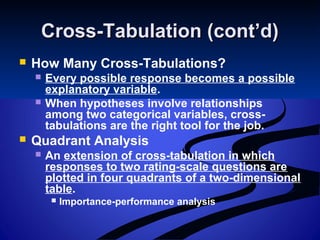 Cross-Tabulation (cont’d)Cross-Tabulation (cont’d)
 How Many Cross-Tabulations?
 Every possible response becomes a possible
explanatory variable.
 When hypotheses involve relationships
among two categorical variables, cross-
tabulations are the right tool for the job.
 Quadrant Analysis
 An extension of cross-tabulation in which
responses to two rating-scale questions are
plotted in four quadrants of a two-dimensional
table.
 Importance-performance analysis
 