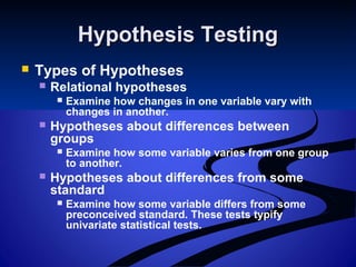 Hypothesis TestingHypothesis Testing
 Types of Hypotheses
 Relational hypotheses
 Examine how changes in one variable vary with
changes in another.
 Hypotheses about differences between
groups
 Examine how some variable varies from one group
to another.
 Hypotheses about differences from some
standard
 Examine how some variable differs from some
preconceived standard. These tests typify
univariate statistical tests.
 