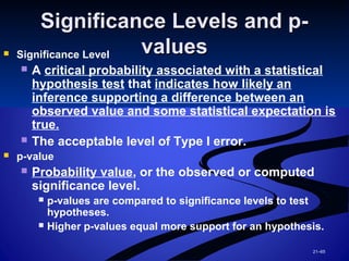 21–65
Significance Levels and p-Significance Levels and p-
valuesvalues Significance Level
 A critical probability associated with a statistical
hypothesis test that indicates how likely an
inference supporting a difference between an
observed value and some statistical expectation is
true.
 The acceptable level of Type I error.
 p-value
 Probability value, or the observed or computed
significance level.
 p-values are compared to significance levels to test
hypotheses.
 Higher p-values equal more support for an hypothesis.
 