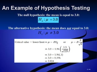 21–68
An Example of Hypothesis TestingAn Example of Hypothesis Testing
The null hypothesis: the mean is equal to 3.0:
The alternative hypothesis: the mean does not equal to 3.0:
 