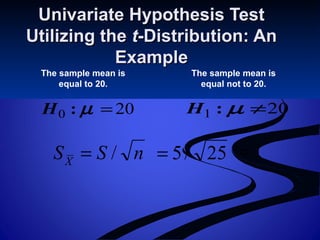 200 =µ:H
Univariate Hypothesis TestUnivariate Hypothesis Test
Utilizing theUtilizing the tt-Distribution: An-Distribution: An
ExampleExample
The sample mean is
equal to 20.
The sample mean is
equal not to 20.
201 ≠µ:H
nSSX
/= 25/5= 1=
 