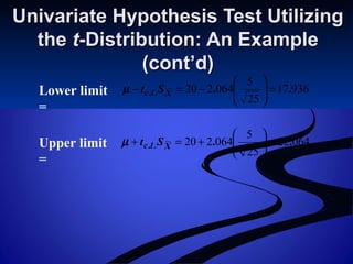Univariate Hypothesis Test UtilizingUnivariate Hypothesis Test Utilizing
thethe tt-Distribution: An Example-Distribution: An Example
(cont’d)(cont’d)
93617
25
5
064220 .... =





−=− Xlc StµLower limit
=
06422
25
5
064220 .... =





+=+ Xlc StµUpper limit
=
 