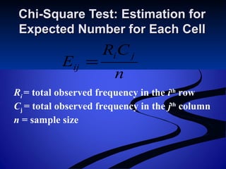 n
CR
E
ji
ij =
Chi-Square Test: Estimation forChi-Square Test: Estimation for
Expected Number for Each CellExpected Number for Each Cell
Ri = total observed frequency in the ith
row
Cj = total observed frequency in the jth
column
n = sample size
 