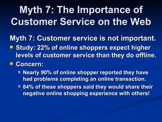 Myth 7: The Importance of
Customer Service on the Web
Myth 7: Customer service is not important.
   Study: 22% of online shoppers expect higher
    levels of customer service than they do offline.
   Concern:
       Nearly 90% of online shopper reported they have
        had problems completing an online transaction.
       84% of these shoppers said they would share their
        negative online shopping experience with others!
 