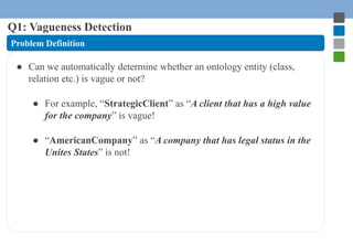 Q1: Vagueness Detection 
Problem Definition 
● Can we automatically determine whether an ontology entity (class, 
relation...