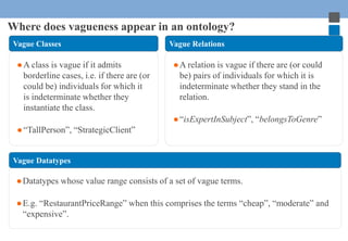 Where does vagueness appear in an ontology? 
Vague Classes 
●A class is vague if it admits 
borderline cases, i.e. if ther...