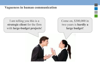 Vagueness in human communication 
I am telling you this is a 
strategic client for the firm 
with large-budget projects! 
...