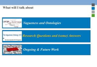 What will I talk about 
Vagueness and Ontologies 
Research Questions and (some) Answers 
Ongoing & Future Work 
 