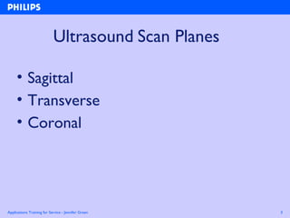 Applications Training for Service - Jennifer Green 3
Ultrasound Scan Planes
• Sagittal
• Transverse
• Coronal
 