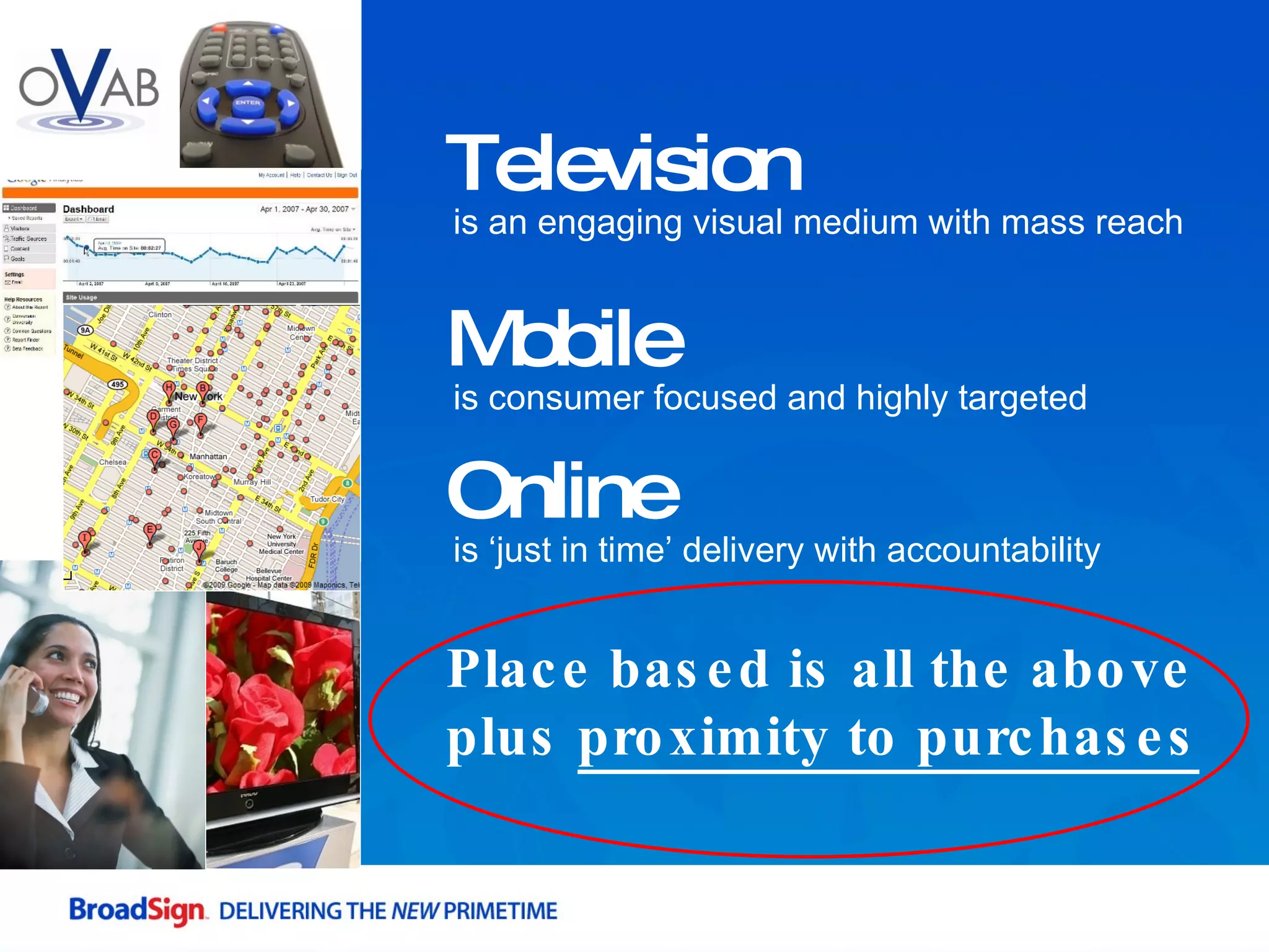 Place based is all the above  plus  proximity to purchases Television is an engaging visual medium with mass reach Mobile is consumer focused and highly targeted Online is ‘just in time’ delivery with accountability 