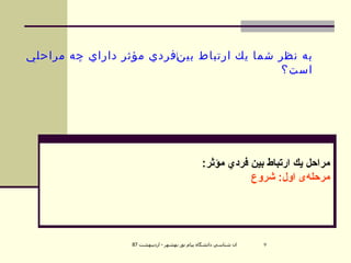 به نظر شما يك ارتباط بين ‌ فردي مؤثر داراي چه مراحلي است؟ مراحل يك ارتباط بين فردي مؤثر : مرحله‌ی اول :  شروع 