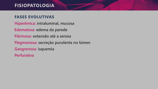 FISIOPATOLOGIA
FASES EVOLUTIVAS
Hiperêmica: intraluminal, mucosa
Edematosa: edema da parede
Fibrinosa: extensão até a serosa
Flegmonosa: secreção purulenta no lúmen
Gangrenosa: isquemia
Perfurativa
 