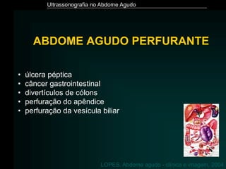 Ultrassonografia no Abdome Agudo
• úlcera péptica
• câncer gastrointestinal
• divertículos de cólons
• perfuração do apêndice
• perfuração da vesícula biliar
LOPES. Abdome agudo - clínica e imagem, 2004
ABDOME AGUDO PERFURANTE
 