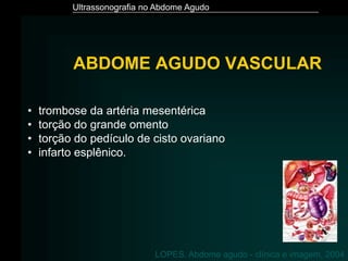 Ultrassonografia no Abdome Agudo
• trombose da artéria mesentérica
• torção do grande omento
• torção do pedículo de cisto ovariano
• infarto esplênico.
LOPES. Abdome agudo - clínica e imagem, 2004
ABDOME AGUDO VASCULAR
 