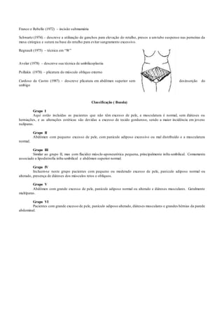 Franco e Rebello (1972) – incisão submamária
Schwartz (1974) – descreve a utilização de ganchos para elevação do retalho, presos a umtubo suspenso nas perneiras da
mesa cirúrgica e sutura na base do retalho para evitar sangramento excessivo.
Regnault (1975) – técnica em “W”
Avelar (1978) – descreve sua técnica de umbilicoplastia
Psillakis (1978) – plicatura do músculo obliquo externo
Cardoso de Castro (1987) – descreve plicatura em abdômen superior sem desinserção do
umbigo
Classificação ( Bozola)
Grupo I
Aqui estão incluídas as pacientes que não têm excesso de pele, a musculatura é normal, sem diáteses ou
herniações, e as alterações estéticas são devidas a excesso de tecido gorduroso, sendo a maior incidência em jovens
nulíparas.
Grupo II
Abdômen com pequeno excesso de pele, com panículo adiposo excessivo ou mal distribuído e a musculatura
normal.
Grupo III
Similar ao grupo II, mas com flacidez músclo-aponeurótica pequena, principalmente infra-umbilical. Comumente
associado a lipodistrofia infra-umbilical e abdômen superior normal.
Grupo IV
Incluem-se neste grupo pacientes com pequeno ou moderado excesso de pele, panículo adiposo normal ou
alterado, presença de diáteses dos músculos retos e oblíquos.
Grupo V
Abdômen com grande excesso de pele, panículo adiposo normal ou alterado e diáteses musculares. Geralmente
multíparas.
Grupo VI
Pacientes com grande excesso de pele, panículo adiposo alterado, diáteses musculares e grandes hérnias da parede
abdominal.
 