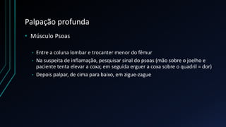 Palpação profunda
• Músculo Psoas
• Entre a coluna lombar e trocanter menor do fêmur
• Na suspeita de inflamação, pesquisar sinal do psoas (mão sobre o joelho e
paciente tenta elevar a coxa; em seguida erguer a coxa sobre o quadril = dor)
• Depois palpar, de cima para baixo, em zigue-zague
 