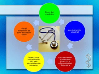 En un íleo
                              mecánico




      con el
 incremento del                                       por obstrucción
dolor de carácter                                        intestinal
      cólico




              Se escuchan                  los ruidos están
             ruidos de tono                  aumentados
                alto y en                    junto con la
            secuencias que                 mayor actividad
               aumentan                       peristáltica
 