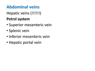 Abdominal veins
Hepatic veins (!!!!!!)
Potrsl system
• Superior mesenteric vein
• Splenic vein
• Inferior mesenteric vein
• Hepatic portal vein