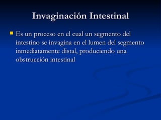 Invaginación Intestinal Es un proceso en el cual un segmento del intestino se invagina en el lumen del segmento inmediatamente distal, produciendo una obstrucción intestinal 