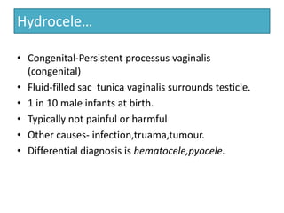 Hydrocele…
• Congenital-Persistent processus vaginalis
(congenital)
• Fluid-filled sac tunica vaginalis surrounds testicle.
• 1 in 10 male infants at birth.
• Typically not painful or harmful
• Other causes- infection,truama,tumour.
• Differential diagnosis is hematocele,pyocele.

 