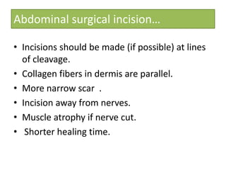 Abdominal surgical incision…
• Incisions should be made (if possible) at lines
of cleavage.
• Collagen fibers in dermis are parallel.
• More narrow scar .
• Incision away from nerves.
• Muscle atrophy if nerve cut.
• Shorter healing time.

 