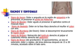 SIGNOS Y SINTOMASSigno de Aaron: Dolor o angustia en la región de epigastrio o la precordial, al presionar el punto de McBurney. Signo de Bassler: Dolor agudo al presionar el apéndice contra el músculo ilíaco Signo de Bastedo: Dolor en la fosa ilíaca derecha al insuflar el colon con aire. Signo de Blumberg (de Owen): Dolor al descomprimir bruscamente la región cecal. Signo de Brittain: Retracción del testículo derecho al palpar el cuadrante inferior derecho del abdomen. Signo de Brown (de gravitación): El agravamientos, ya sea en extensión, doloro rigidez, del área dolorosa después de 15 a 30 minutos, acostado sobre el lado sano. 