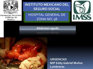 INSTITUTO MEXICANO DEL
     SEGURO SOCIAL
 HOSPITAL GENERAL DE
     ZONA NO. 58

     Abdomen agudo




            URGENCIAS
            MIP Eddy Gabriel Muñoz
            Lumbreras
 