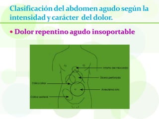 Clasificación del abdomen agudo según la
intensidad y carácter del dolor.
 Dolor repentino agudo insoportable
 