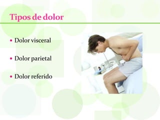 Tipos de dolor

 Dolor visceral


 Dolor parietal


 Dolor referido
 