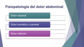 Fisiopatología del dolor abdominal
Dolor visceral

Dolor somático o parietal

Dolor referido

 