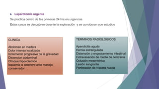 

Laparotomía urgente

Se practica dentro de las primeras 24 hrs en urgencias

Estos casos se descubren durante la exploración y se corroboran con estudios

CLINICA

TERMINOS RADIOLOGICOS

Abdomen en madera
Dolor intenso localizado
Incremento progresivo de la gravedad
Distencion abdominal
Choque hipovolemico
Isquemia o deterioro ante manejo
conservador

Apendicitis aguda
Hernia estrangulada
Distensión o engrosamiento intestinal
Extravasación de medio de contraste
Oclusión mesentérica
Lesión sangrante
Perforación de víscera hueca

 