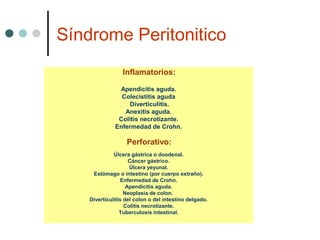 Síndrome Peritonitico
Inflamatorios:
Apendicitis aguda.
Colecistitis aguda
Diverticulitis.
Anexitis aguda.
Colitis necrotizante.
Enfermedad de Crohn.

Perforativo:
Úlcera gástrica o duodenal.
Cáncer gástrico.
Úlcera yeyunal.
Estómago o intestino (por cuerpo extraño).
Enfermedad de Crohn.
Apendicitis aguda.
Neoplasia de colon.
Diverticulitis del colon o del intestino delgado.
Colitis necrotizante.
Tuberculosis intestinal.

 