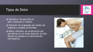 Tipos de Dolor
 Somático: Se percibe en
piel, músculos y huesos.
 Visceral: Es originado por lesión de
órganos y tejidos profundos.
 Dolor referido: se caracteriza por
percibirse en un área distante al sitio
donde se produce la estimulación
nociceptiva.

 