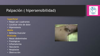 Palpación ( hipersensibilidad)
Superficial
• Palpar por cuadrantes
• Localizar sitio de dolor
• Hiperestesia
Media
• Defensa muscular
Profunda
• Masas abdominales
• Fisiológicas
• Inflamatorias
• Vasculares
• Neoplasias
• Obstrucción

 