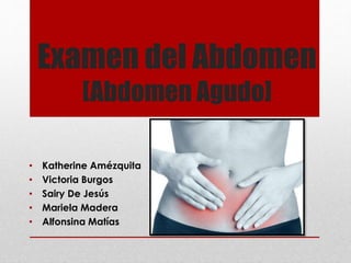 Examen del Abdomen 
[Abdomen Agudo] 
• Katherine Amézquita 
• Victoria Burgos 
• Sairy De Jesús 
• Mariela Madera 
• Alfonsina Matías 
 