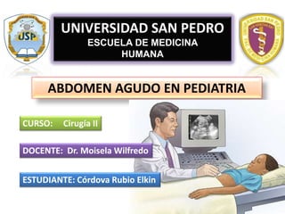 ABDOMEN AGUDO EN PEDIATRIA
UNIVERSIDAD SAN PEDRO
ESCUELA DE MEDICINA
HUMANA
CURSO: Cirugía II
DOCENTE: Dr. Moisela Wilfredo
ESTUDIANTE: Córdova Rubio Elkin
 